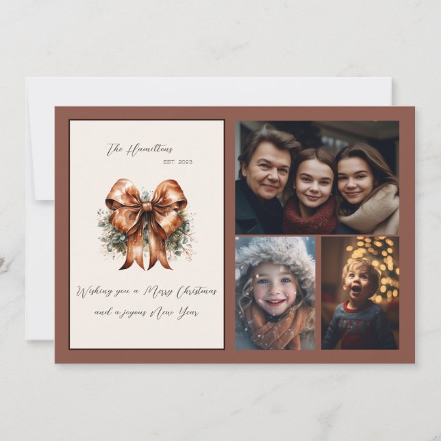 Elegant Botanical Bow Christmas Three Photo Holiday Card (Front)