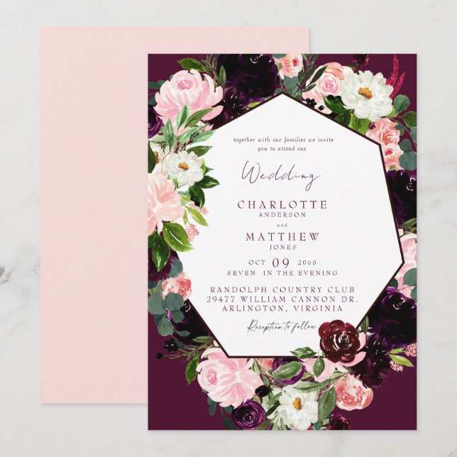 Elegant Botanical Burgundy Blush Floral Invitation (Front/Back)