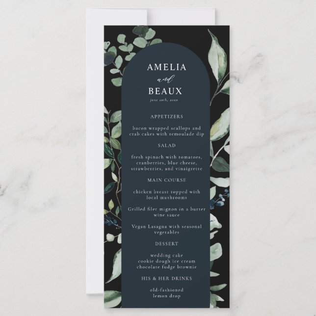 Elegant Botanical Calligraphy Wedding Dinner Menu (Front)