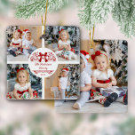 Elegant Botanical Christmas Family 5 Photo Ceramic Ornament<br><div class="desc">This elegant personalized photo collage keepsake Christmas ornament features the name inside a botanical split frame decorated with bells,  surrounded by 4 photos on the front,  and a fifth photo on the back.</div>