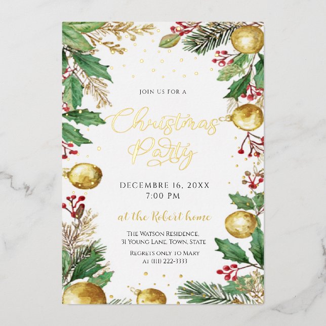 Elegant Botanical Christmas Holiday Party  Foil  Foil Invitation (Front)