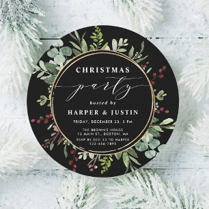 Elegant Botanical Christmas Party Black Circle Invitation