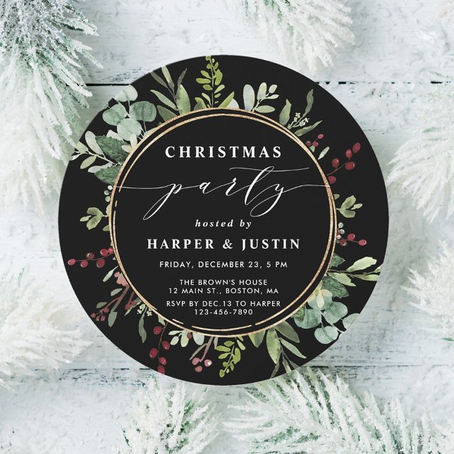 Elegant Botanical Christmas Party Black Circle Invitation (Creator Uploaded)