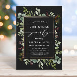 Elegant Botanical Christmas Party Black Invitation<br><div class="desc">This Christmas | Holiday invitation features painted watercolor eucalyptus,  green leaves,  red berries,  pine branches with a faux gold rectangle frame and stylish calligraphy. For more advanced customization of this design,  please click the "Customize further" link. Matching items are also available.</div>