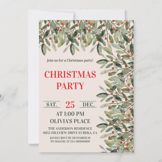 Elegant Botanical Christmas Party Invitation (Front)