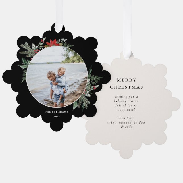 Elegant Botanical Christmas Photo Black  Ornament Card (Front/Back)