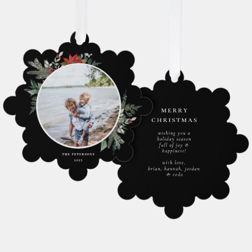 Elegant Botanical Christmas Photo Black  Ornament Card