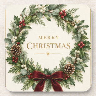 Elegant Botanical Christmas, Vintage Greenery Beverage Coaster