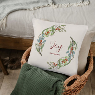 Elegant Botanical Christmas Wreath Joy Family Name Throw Pillow