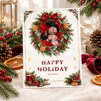 Elegant Botanical Christmas Wreath Photo Holiday Card