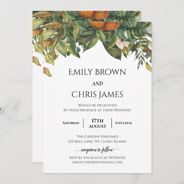 Elegant Botanical Citrus Greenery Wedding Invitation (Front/Back)