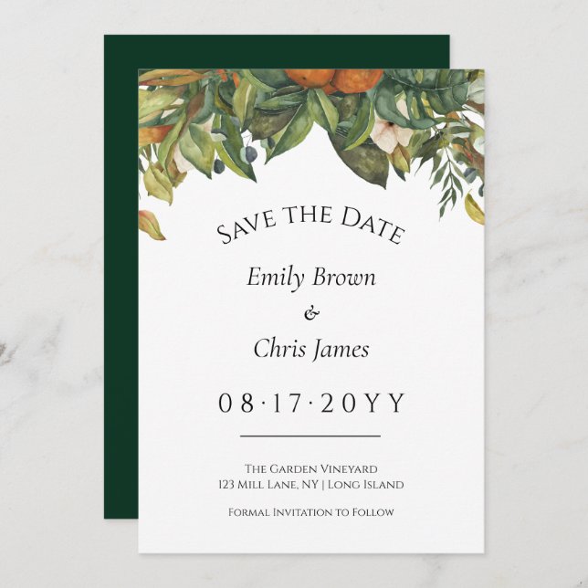 Elegant Botanical Citrus Greenery Wedding Save The Date (Front/Back)