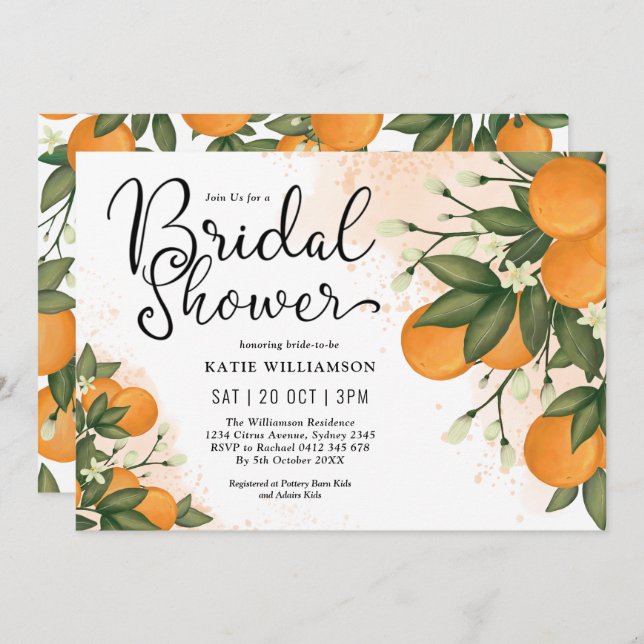 Elegant Botanical Citrus Orange Bridal Shower Invitation (Front/Back)