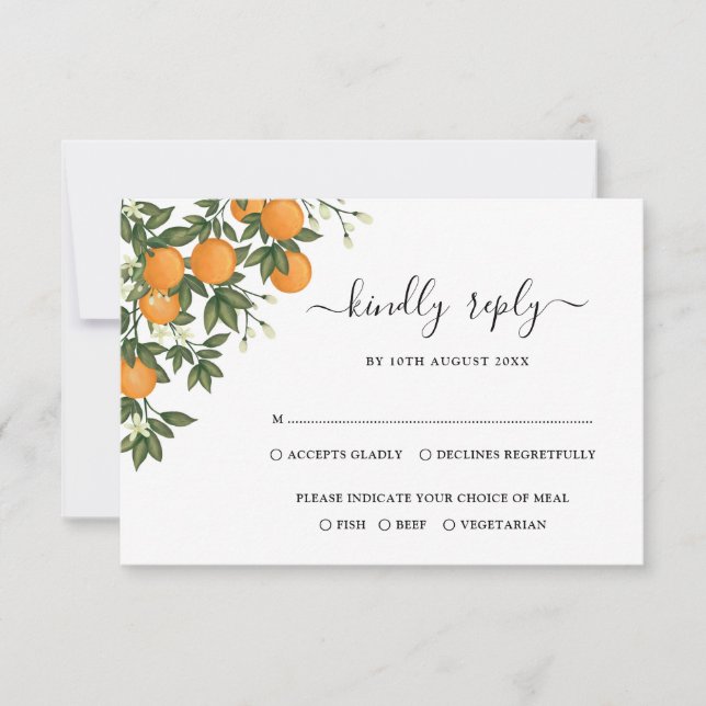 Elegant Botanical Citrus Orange Wedding RSVP Card (Front)