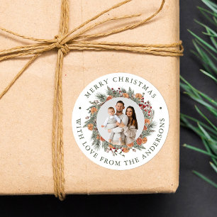 Elegant Botanical Citrus Wreath Photo Christmas Classic Round Sticker