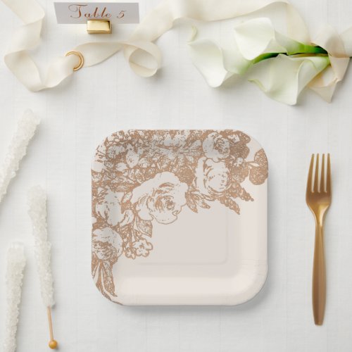 Elegant Botanical  Copper Rose Gold Floral Paper Plates