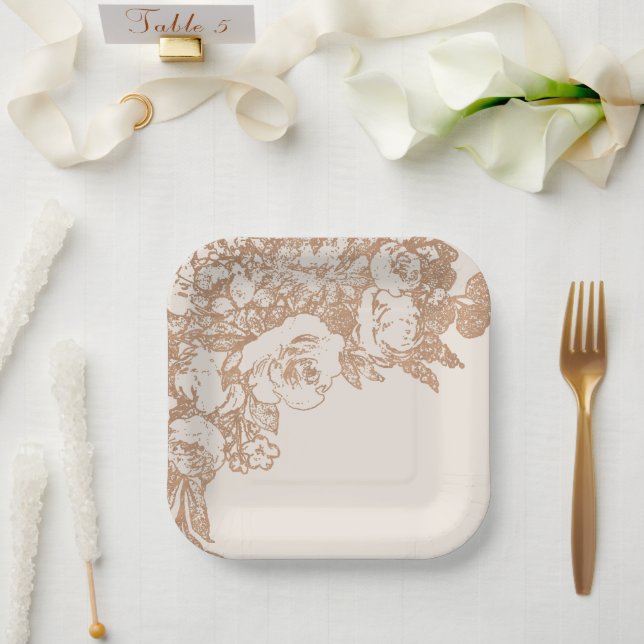 Elegant Botanical | Copper Rose Gold Floral Paper Plates (Wedding)