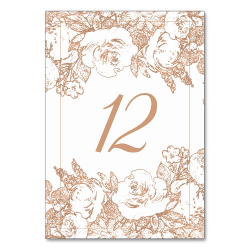 Elegant Botanical  Copper Rose Gold Floral Table Number