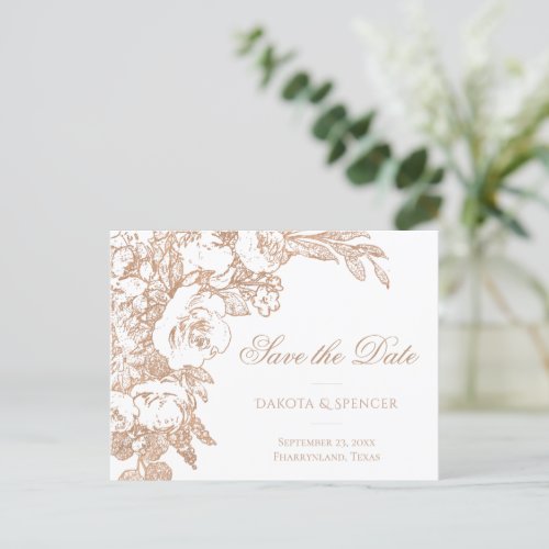 Elegant Botanical  Copper Rose Gold Save the Date Announcement Postcard