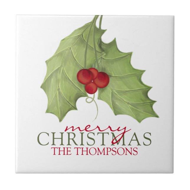 Elegant Botanical Country Holiday Christmas Name Ceramic Tile (Front)