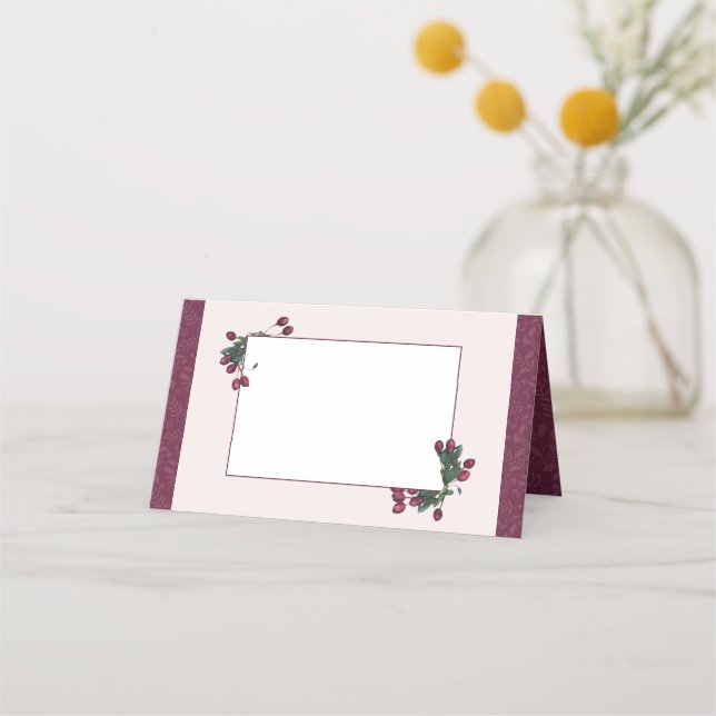 Elegant Botanical Cranberry Plum Christmas Place Card (Front)