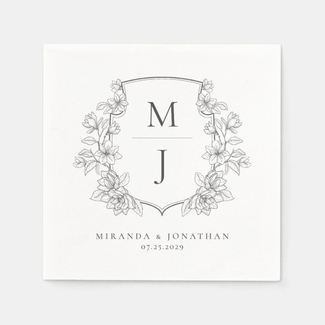 Elegant Botanical Crest Monogram Wedding Napkins (Front)
