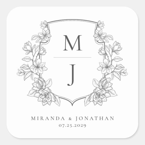 Elegant Botanical Crest Monogram Wedding Square Sticker