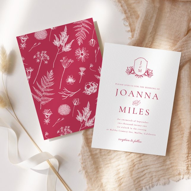 Elegant Botanical Crest Viva Magenta Monogram Invitation (Creator Uploaded)