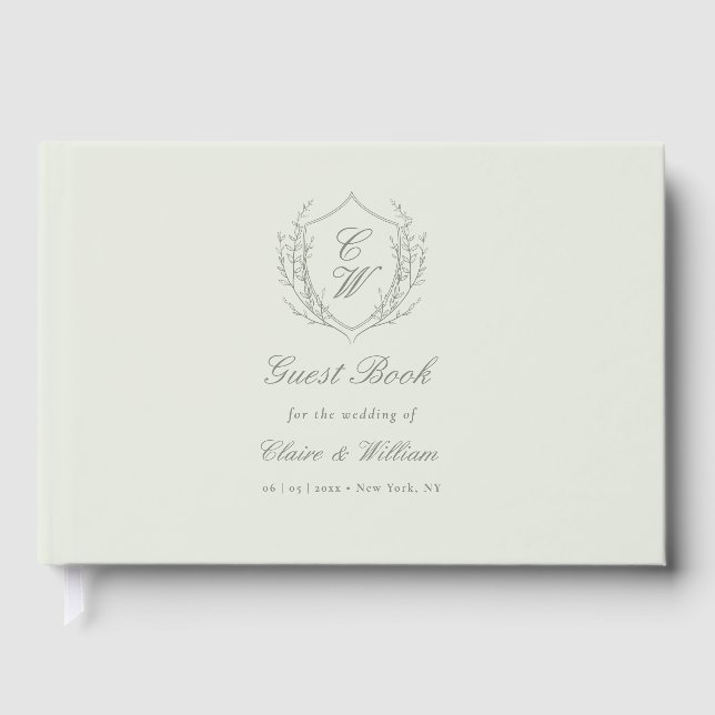 Elegant Botanical Crest Wreath Wedding Guest Book (Front)