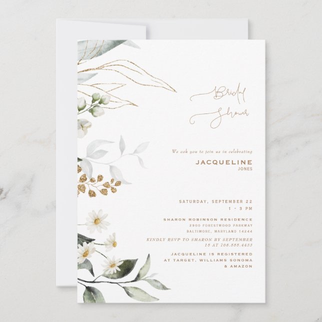 Elegant Botanical Daisy White Bridal Shower Invitation (Front)