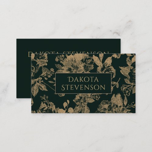 Elegant Botanical  Dark Green and Gold Floral Business Card