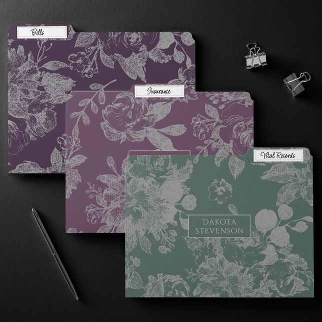 Elegant Botanical | Dark Sage Green and Eggplant File Folder (Creator Uploaded)
