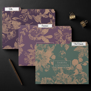 Elegant Botanical Dark Sage Green and Eggplant File Folder