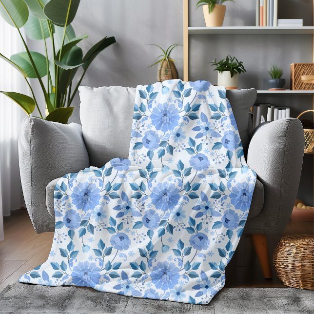 Elegant Botanical Design in Shades of Blue Fleece Blanket (Creator Uploaded)