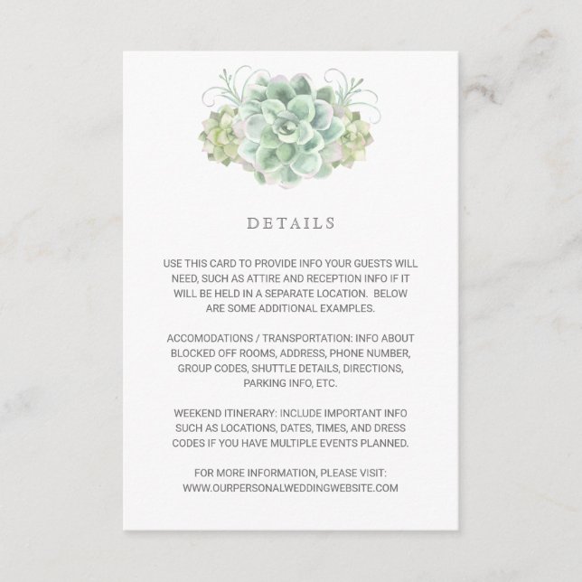 Elegant Botanical Details Succulent Wedding Enclosure Card (Front)