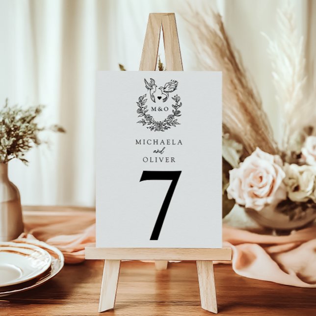 Elegant Botanical Doves Wedding Couple's Initials Table Number (Creator Uploaded)