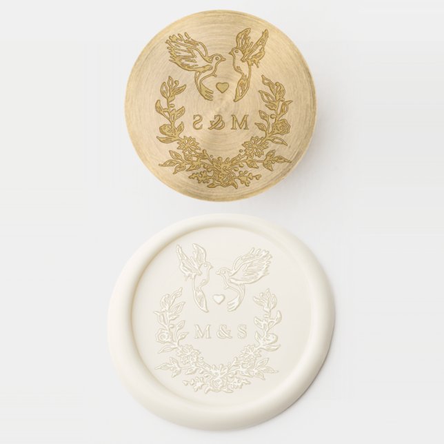 Elegant Botanical Doves Wedding Couple's Initials Wax Seal Stamp (Stamped)