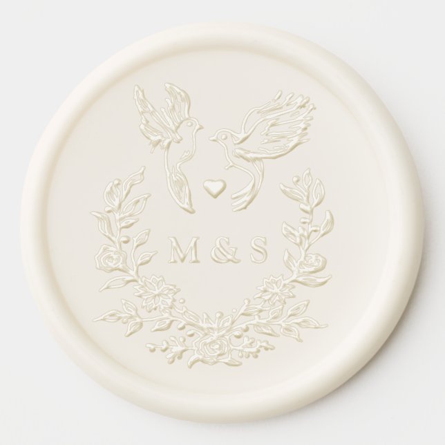 Elegant Botanical Doves Wedding Couple's Initials Wax Seal Sticker (Front)