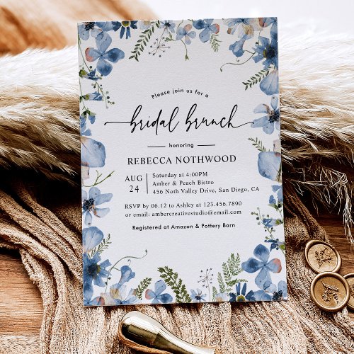 Elegant Botanical Dusty Blue Floral Bridal Brunch Invitation