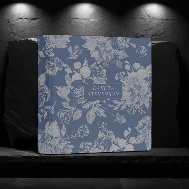 Elegant Botanical | Dusty Blue Silver Floral Photo 3 Ring Binder (Creator Uploaded)