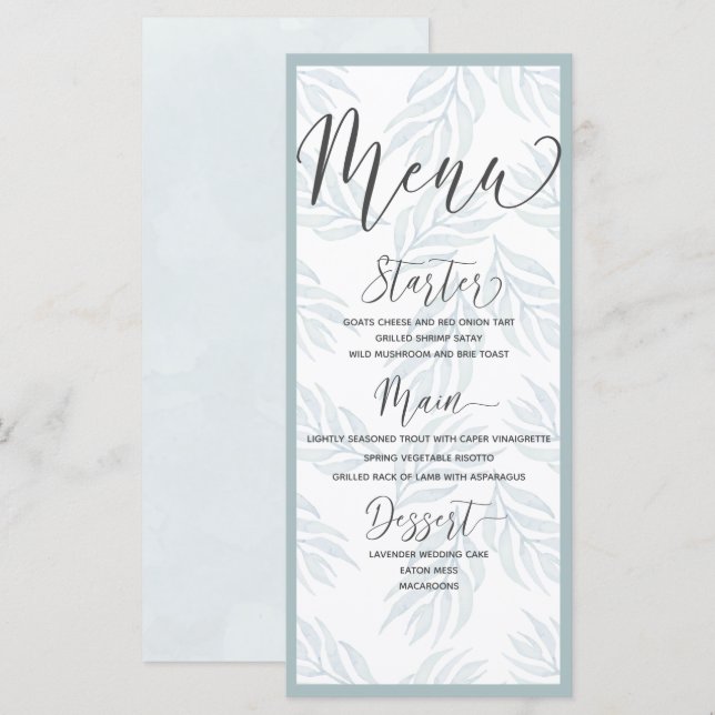 Elegant Botanical Dusty Blue Watercolor Wedding  Menu (Front/Back)