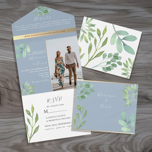 Elegant Botanical Dusty Blue Wedding All In One Invitation