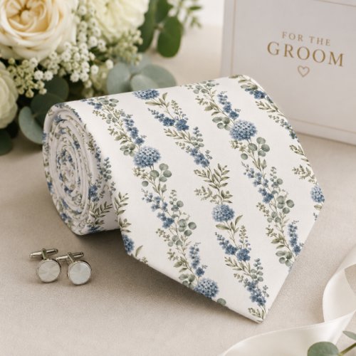 Elegant Botanical Dusty Blue Wedding Neck Tie