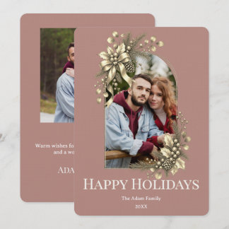 Elegant Botanical Dusty Pinkish Red 2 Photo Holiday Card