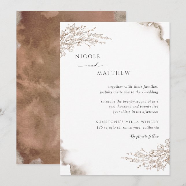 Elegant Botanical, Earthy Tones Watercolor Wedding Invitation (Front/Back)