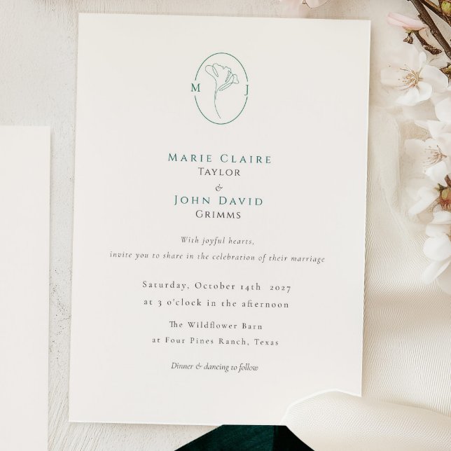 Elegant Botanical Emerald Monogram Wedding Invitation (Creator Uploaded)
