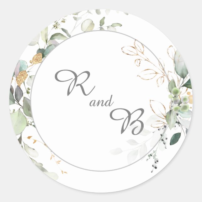 Elegant Botanical Eucalyptus Greenery Monogram   Classic Round Sticker (Front)
