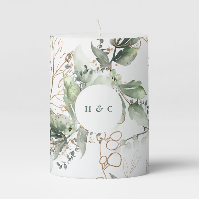 Elegant Botanical Eucalyptus Greenery Monogram Pillar Candle (Front)