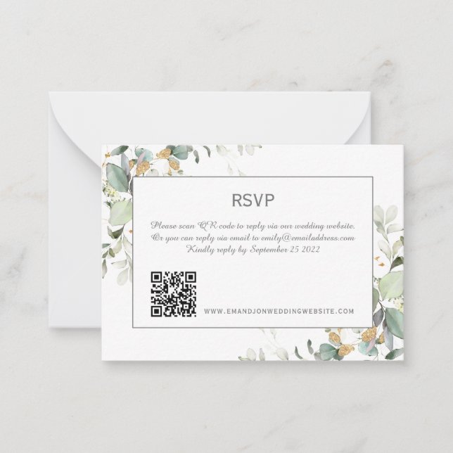 Elegant Botanical Eucalyptus Greenery  QR Code RSV Note Card (Front)