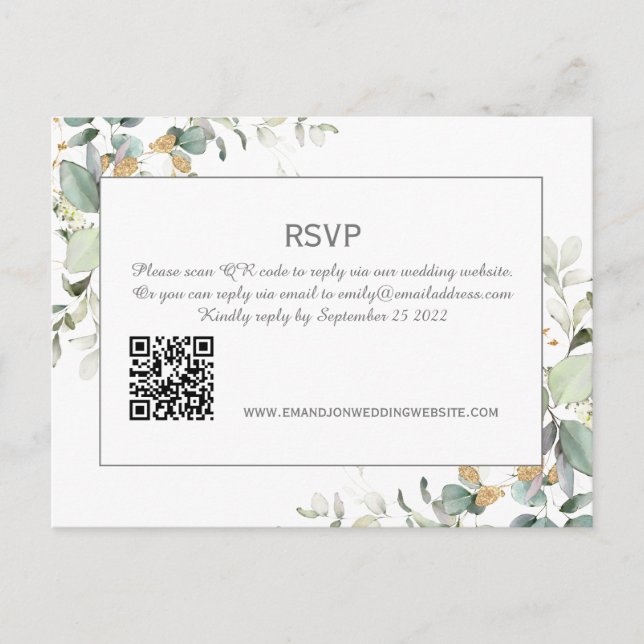 Elegant Botanical Eucalyptus Greenery QR Code RSVP Postcard (Front)